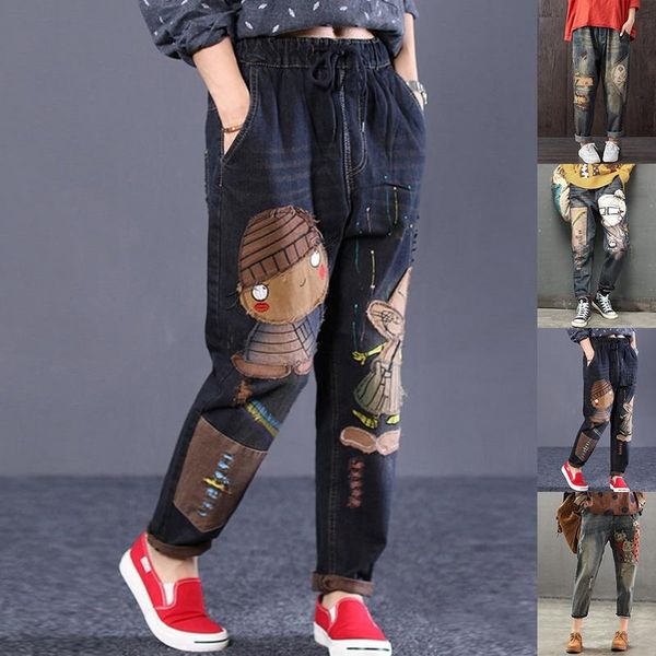 

women's jeans 2021 women denim pants with pockets vintage floral print slim straight female cartoon printed loose spring casual trouser, Blue
