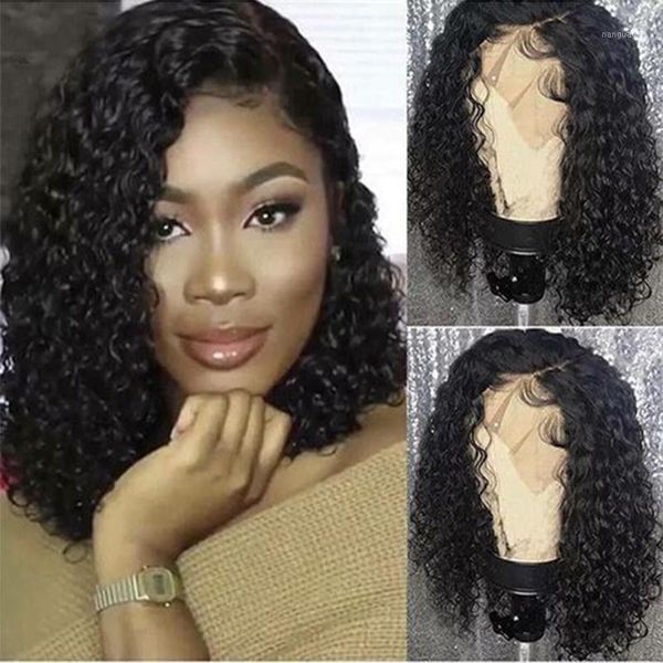 

curly lace frontal wigs 13x4 short bob front for woman brazilian with baby hair "8-14"1, Black;brown