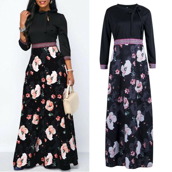 

elegant womens o-neck dresses ladies slim long sleeve floral printed evening party dress prom gown plus size casual, Black;gray