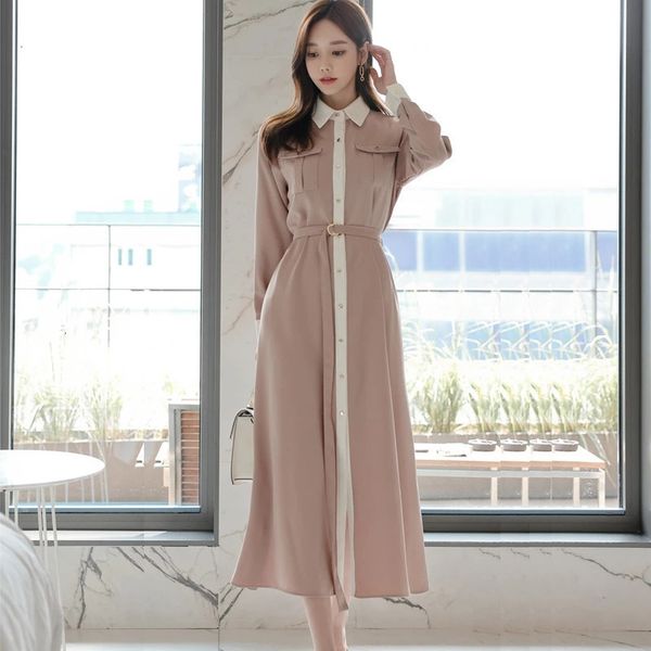 

casual dresses women fashion clothing turn-down collar full sleeves contrast colors single breasted long shirt dress oacy, Black;gray