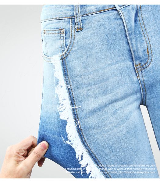 

20112158 Youaxon New Arrived Plus Size Tassel Jeans Woman Stretchy Patchwork Denim Skinny Pencil Pants Trousers For Women, Blue