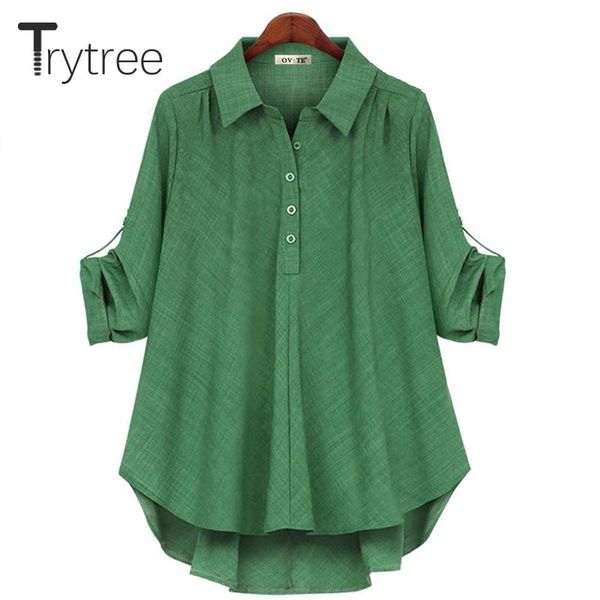 

women's blouses & shirts trytree 2021 spring autumn women blouse casual turn-down collar oversize irregular hem office lady solid for, White