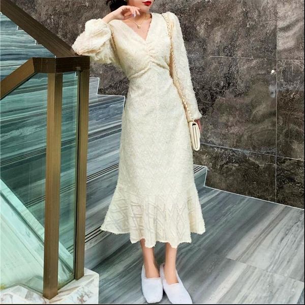 

french full sleeve long trumpet womens dress spring warm v neck fairy wedding party evening one piece clothing ladies, Black;gray