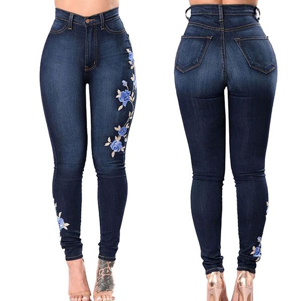

women's jeans high waist woman mom plus size skinny stretch denim slim pencil pants blue embroidered floral trousers women
