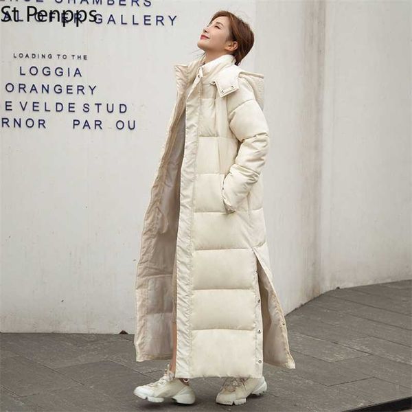 

x-long hooded down cotton winter coat women casual thick parkas fashion winter jacket warm outwear soild female coats 211215, Black