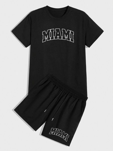 

romwe guys letter graphic tee & shorts set z7w5#, Gray
