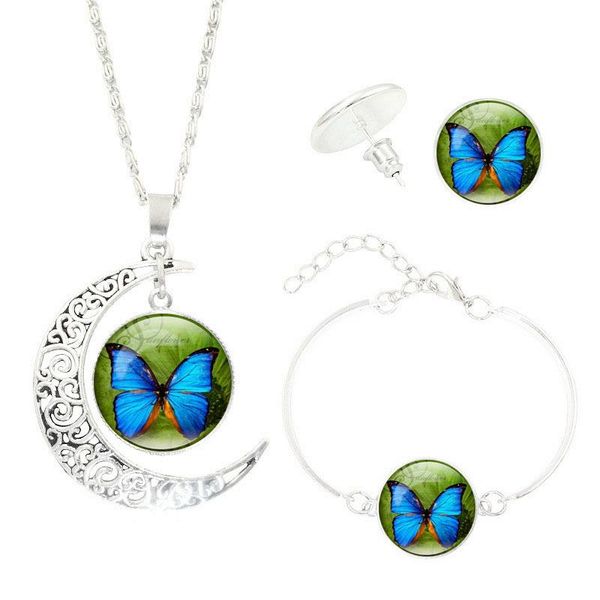

earrings & necklace silver plated jewelry set with crecent glass cabochon butterfly shaped choker earring and bracelet for women