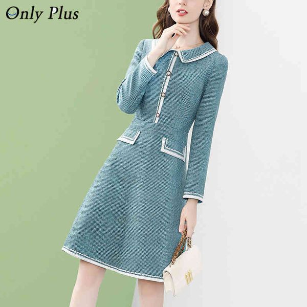 

plus only - women's blue tweed fashion drs, peter pan collar, knee tight, with buttons, french style, winter, Black;gray
