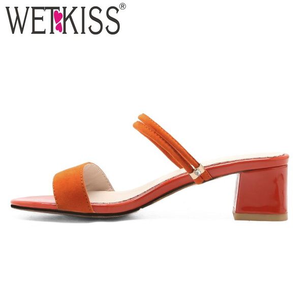 

slippers wetkiss 2021 summer thick heels women square slides open toe footwear fashion casual mules female shoes orange, Black