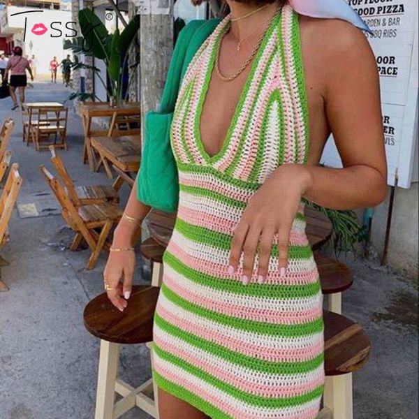 Tossy verão tricotar vestido sem encosto mulheres praia festa de férias sexy halter bodycon magro v-pescoço com mangas mini vestidos 2021 quente x0521