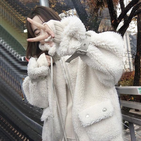 

women's fur & faux jacket women coat autumn and winter loose cotton cotton-padded lamb wool for veste femme, Black