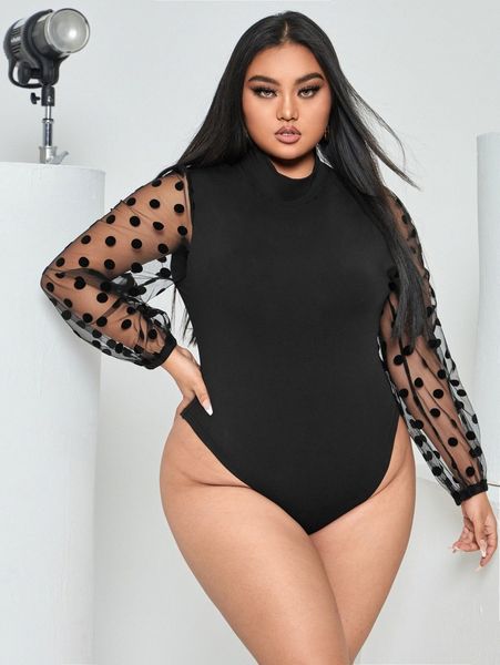 

plus contrast dobby mesh bodysuit a5zl#, Black