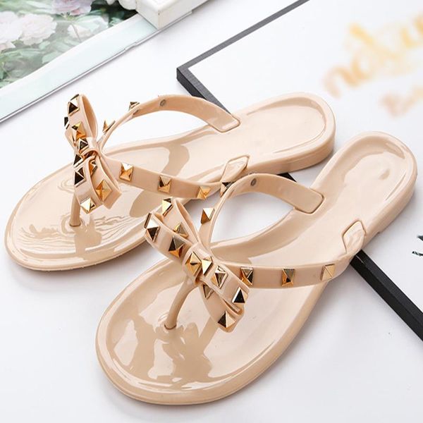 

women flip flops girl ourdoor casual transparent jelly sandals beach footwear slippers rivets ladies summer slides flat shoes, Black