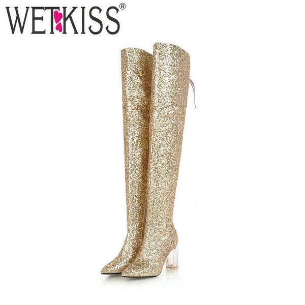 

wetkiss transparent high heels women boot pointed toe sequinted cloth footwear over the knee female boots shoes woman winter 210630, Black