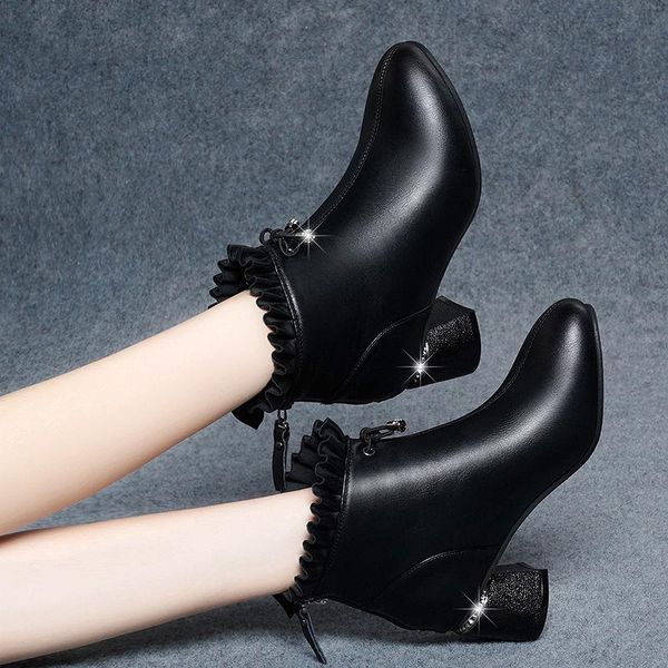 

boots 2021 women's autumn and winter warm soft round toe mid-heel martn thick heel fleece short shoes, Black