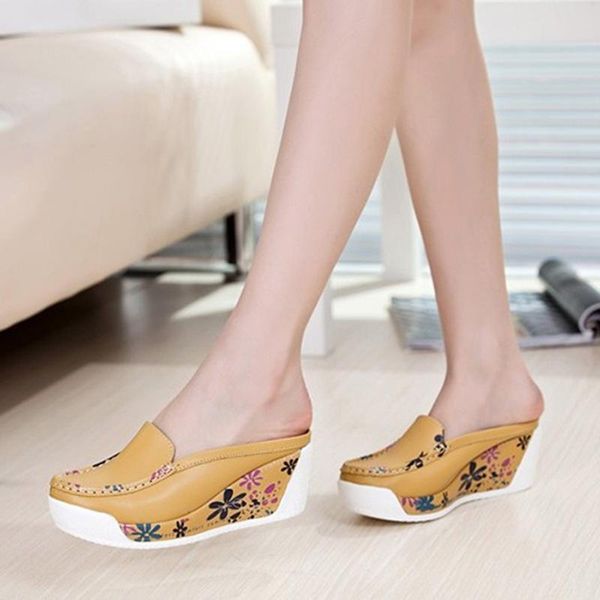 

genuine leather wedges platform shoes for women slippers mules summer 2021 fashion, Black