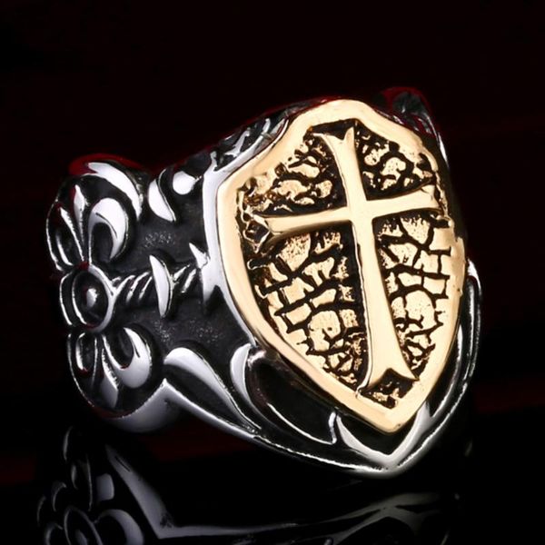 

wedding rings big finger ring size 13 14 15 knights templar cross shield titanium steel 316l men's soul protection, Slivery;golden