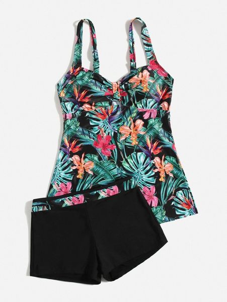 

floral print push up shorts bikini swimsuit e11z#, White;black