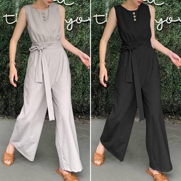 

women's jumpsuits & rompers long celmia women vintage casual summer ladies sleeveless loose high waist belted party playsuits s-5xl, Black;white