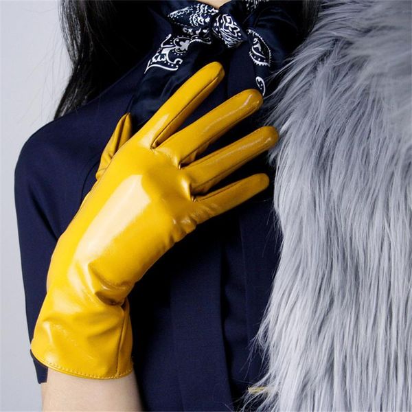 

five fingers gloves 28cm patent leather warm medium and long section emulation bright black lined yellow ginger, Blue;gray
