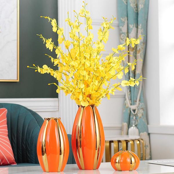 

vases luxury orange pumpkin ceramic vase creative gold-plated artificial flower floral home decoration living room desktop