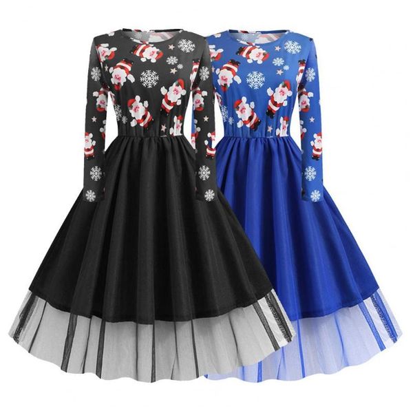 

casual dresses long sleeve net yarn hem christmas print party dress pleated large santa claus crutch midi streetwear, Black;gray