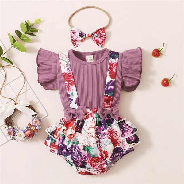 

baby clothes girls set ruffle t-shirt + floral pattern straps pants with headband toddler summer shorts outfits clothing sets, White