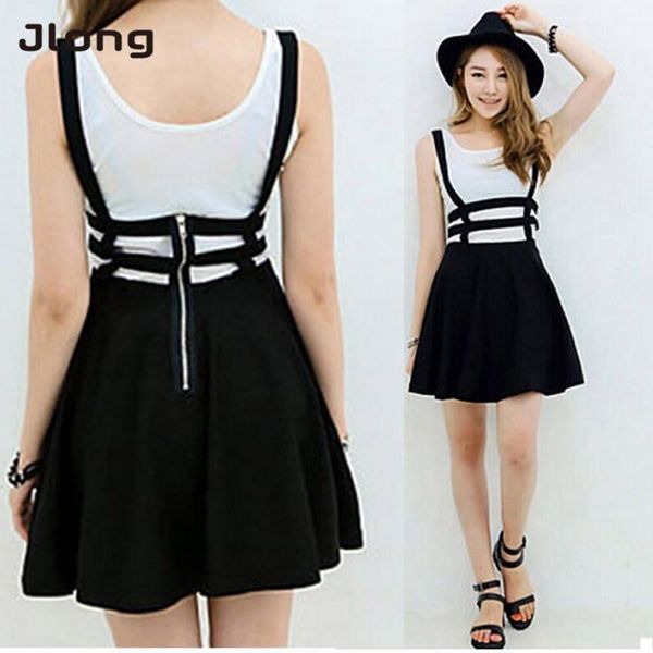 

mini kawaii pleated skirt hollow women ladies skater strap suspender skirts, Black