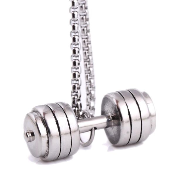 

pendant necklaces selling titanium steel fitness dumbbell barbell jewelry stainless necklace, Silver