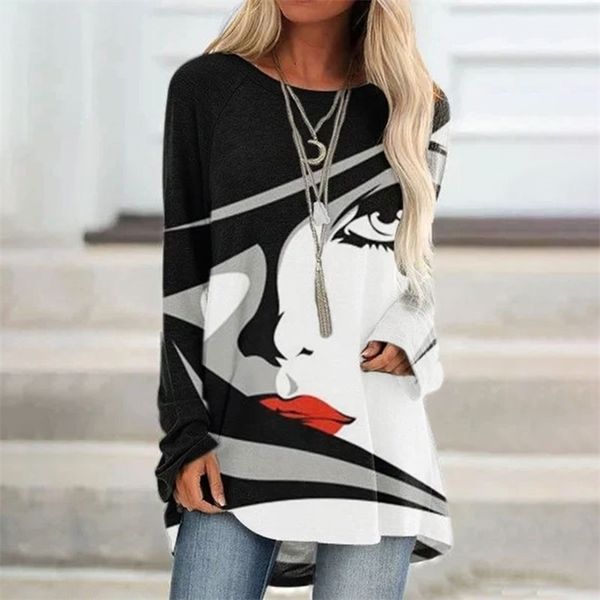 

autumn womens casual abstract face print halloween o neck full sleeves loose long t-shirt, White