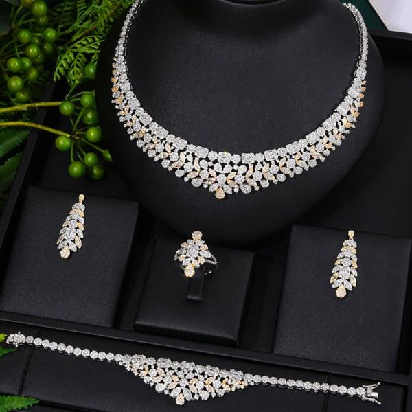 

earrings & necklace tassel drop 4pcs african jewelry set for women party gift dubai cubic zircon nigeria wedding sets, Silver