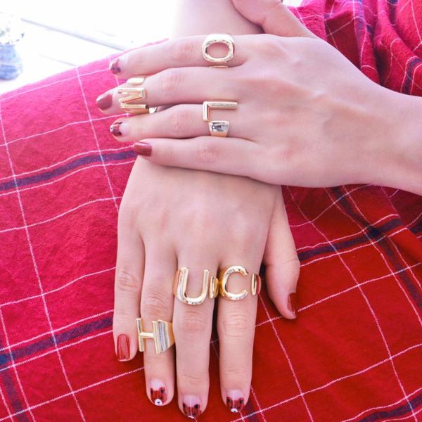 

cluster rings lureen hollow a-z letter gold color metal adjustable opening ring initials name alphabet female party jewelry, Golden;silver