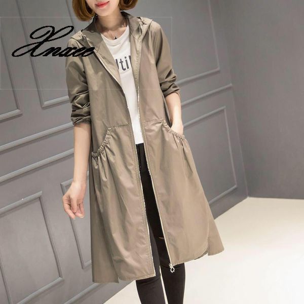 

women's trench coats spring autumn korean casual windbreaker ladies vintage loose large size thin long coat for women hooded -4xl, Tan;black