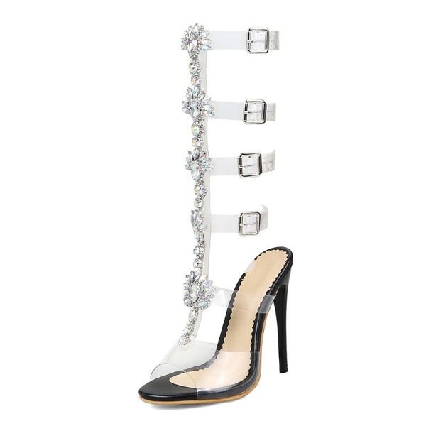 

dress shoes summer high heels women party rhinestone transparent stiletto crystal buckles strap peep toe sandals 50, Black