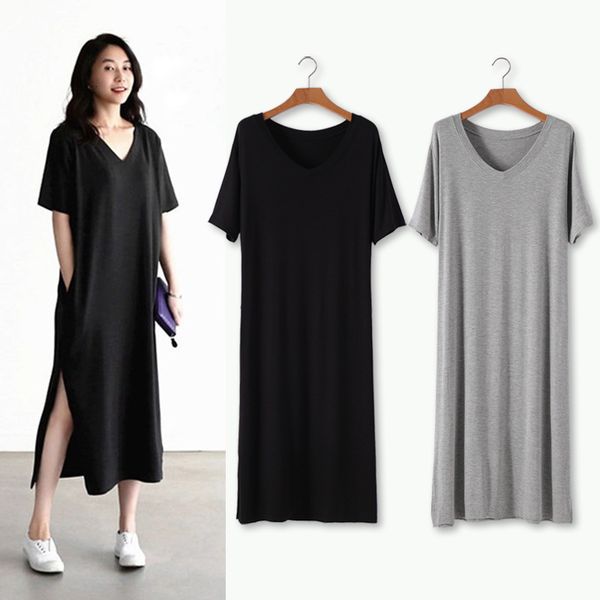 

casual dresses summer vogue modis women split maxi modal plus size long tshirt oversize mujer vestidos femme midi wy14, Black;gray
