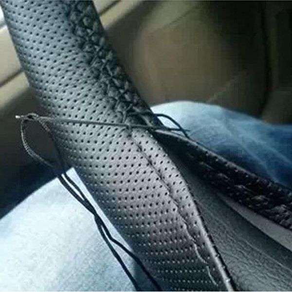 

steering wheel covers 1pcs black diy car with needles and thread genuine artificial leather