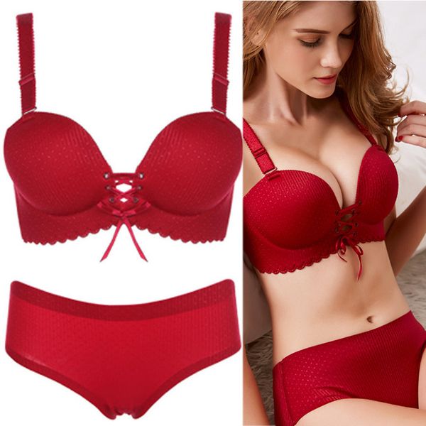 

59% off factory outlet store 175# rimless underwear bra set with thickened small breasts gathered together, Red;black