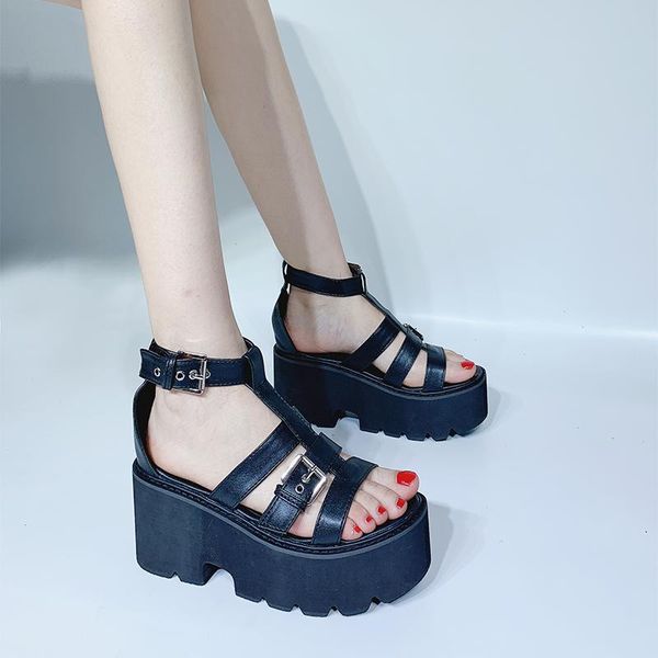 

sandals chunky heel punk shoes high heels platform women summer sandalias romanas women's, Black