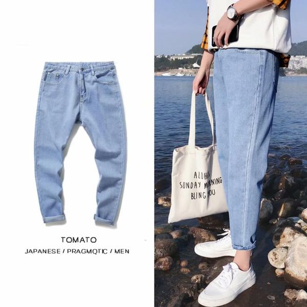 

men's jeans casual fashion mens trend straight tube simple capris streetwear men pants slim fit for punk, Blue