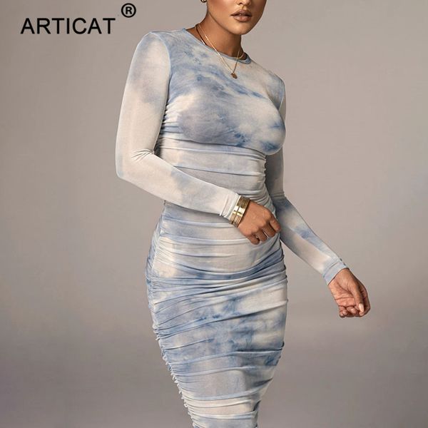 

2021articat tie-dye print ruched christmas dress for women long sleeve bodycon winter dress elastic pleated casual party dress, Black;gray