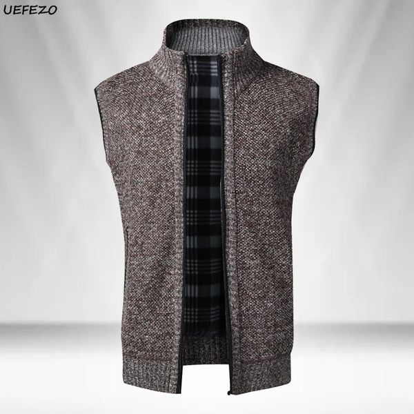 

men's vests uefezo 2021 autumn winter men sweater coat warm sleeveless zipper cardigan knitted vest sweatercoat casual plaid knitwear, Black;white