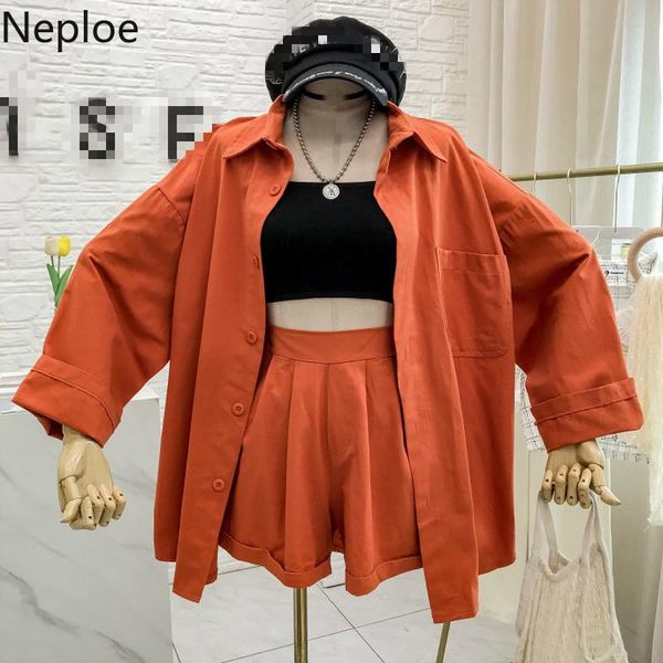 

neploe 2 pieces set women 2021 loose single breasted long sleeve shirts+elastic waist wide leg shorts casual fashion suits 1d276 two piece d, White