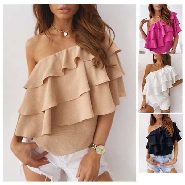 

women's blouses & shirts 2021 diagonal shoulder ruffle wave blouse women fashion lotus leaf womens solid skew collar1, White