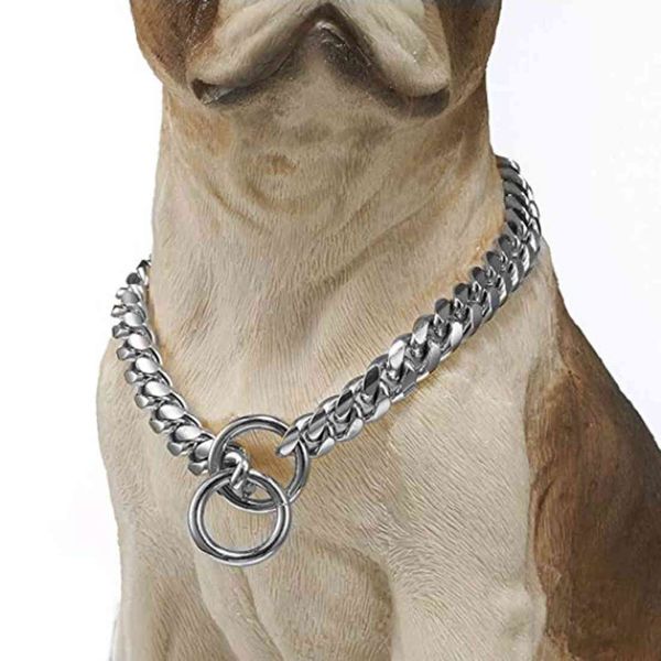 12 mm trendige Haustier-Halsband, silberfarben, Miami Cuban Curb Edelstahlkette für Schäferhund, Labrador, Rottweiler, Bulldogge X0509