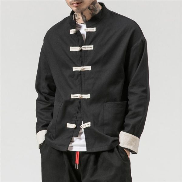 

chinese traditional retro coat man autmn long sleeve tang suit mandarin collar buckle jacket oriental cotton shirt ethnic clothing, Red