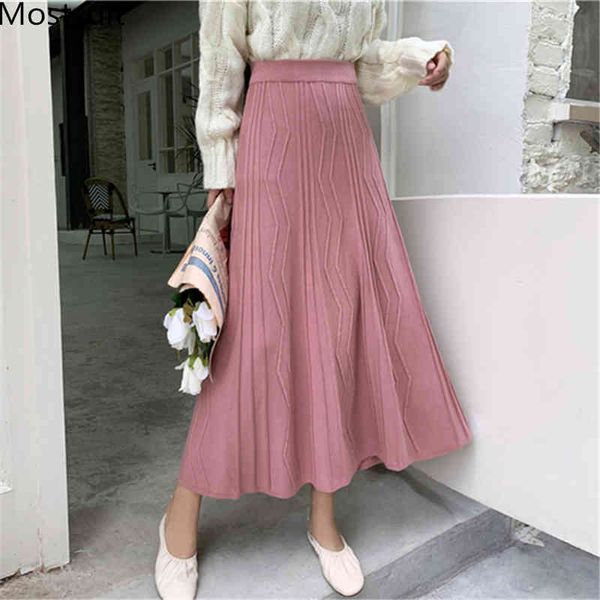 

autumn winter women casual knitted pattern long pleated skirts female high elastic waist a-line mid-length skirt pink black 210518