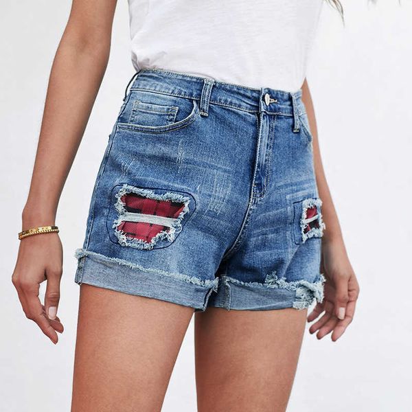 

women's jeans shiying loose fit women's stitching washed casual shorts 78823, Blue
