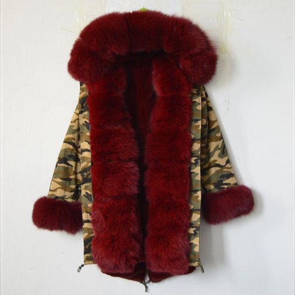 

women's fur & faux camouflage parka for women red wine color lining coat warm in winter elegent lady long style casual s-4xl, Black