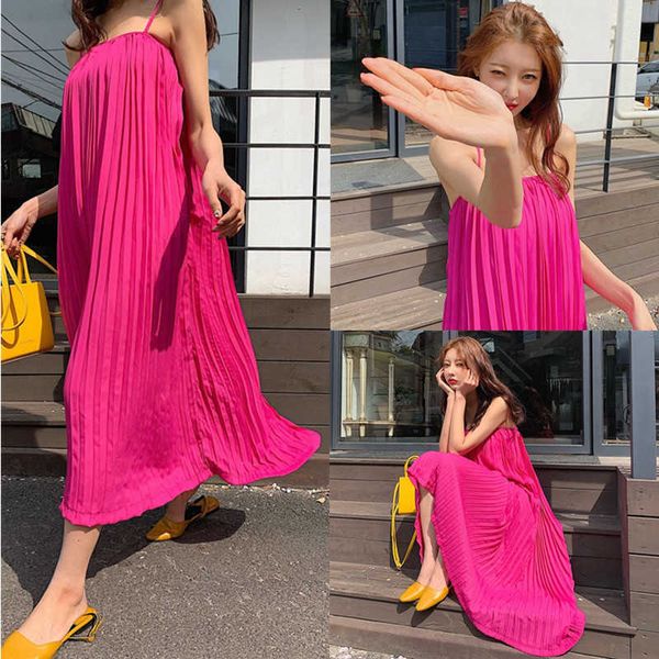 

dresses summer chic korean loose elegant retro sleeveless spaghetti strap chiffon pleated dress women big swing vestidos 210610, Black;gray