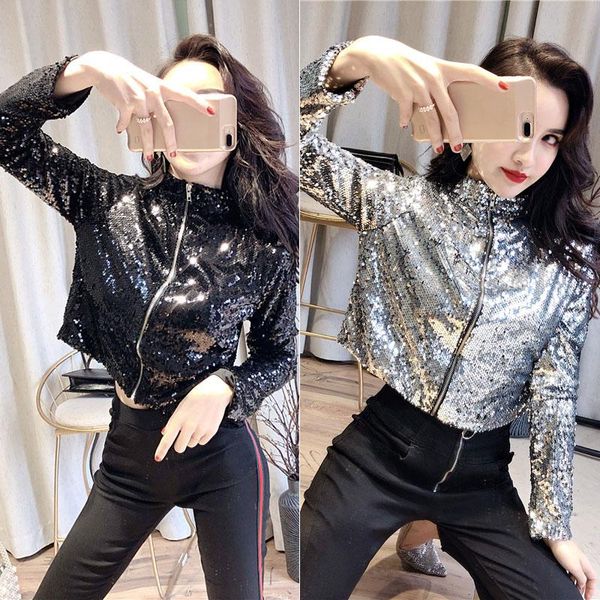 

women's jackets european spring and autumn style turtleneck zipper flashing all sequined short coats women fashion streetwear 2021, Black;brown